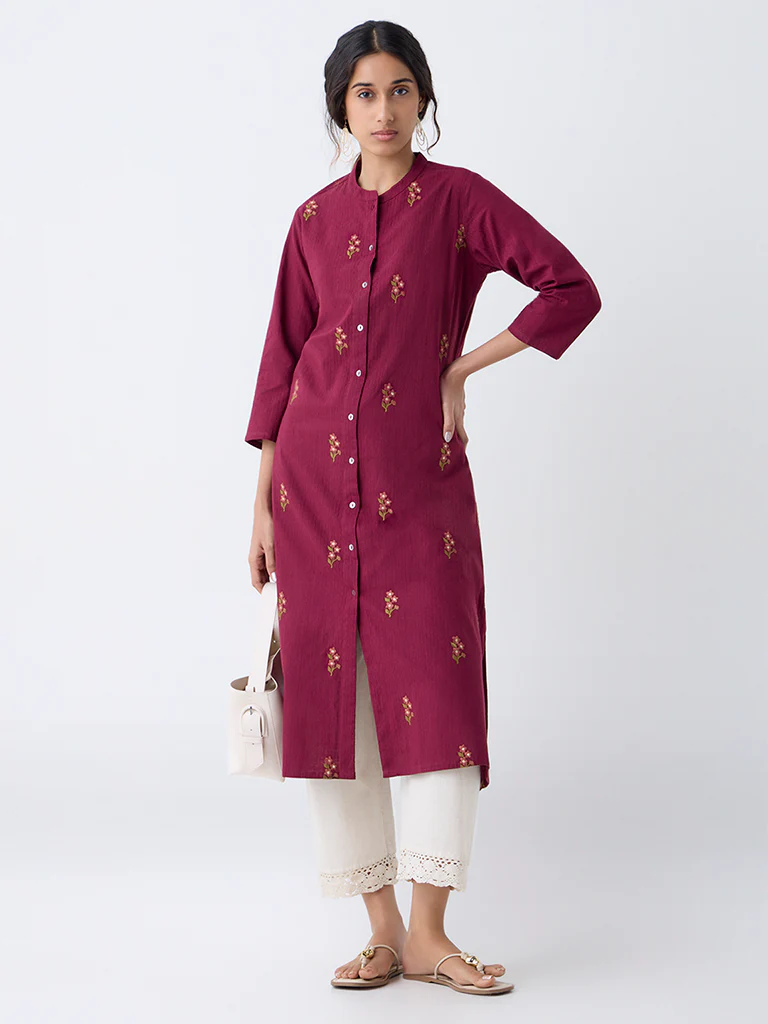 Utsa Maroon Floral Embroidered A-Line Cotton Kurta