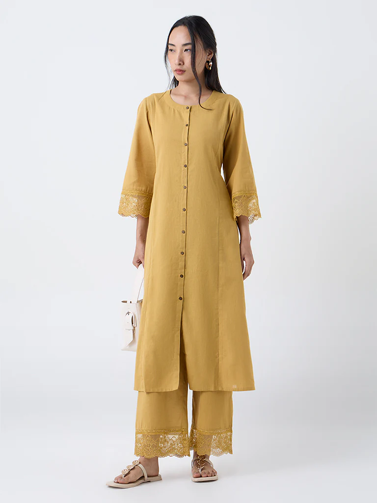 Utsa Mustard Lace-Detailed A-Line Cotton-Blend Kurta