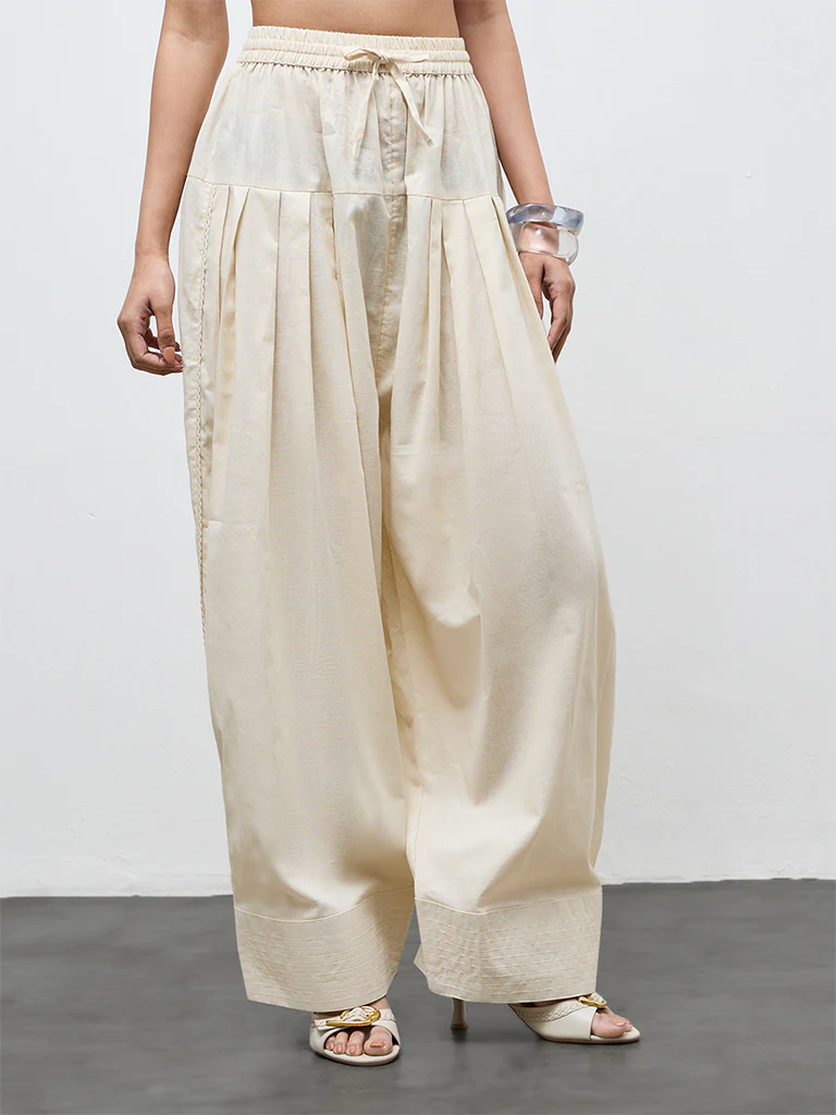 Utsa Off-White Solid Cotton Farshi  Pants