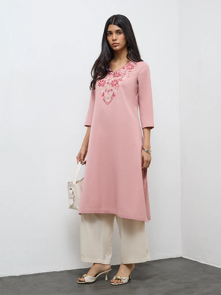 Utsa Pink Floral Embroidered Cotton-Blend A-Line Kurta