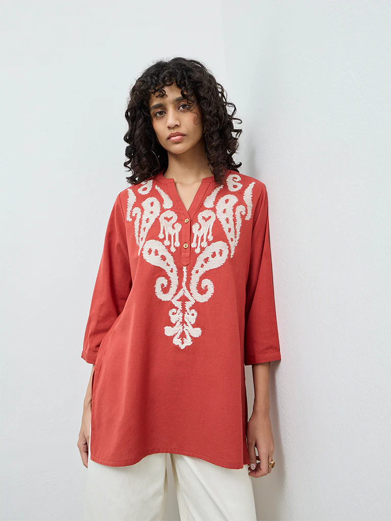 Utsa Red Embroidered Cotton-Blend Tunic