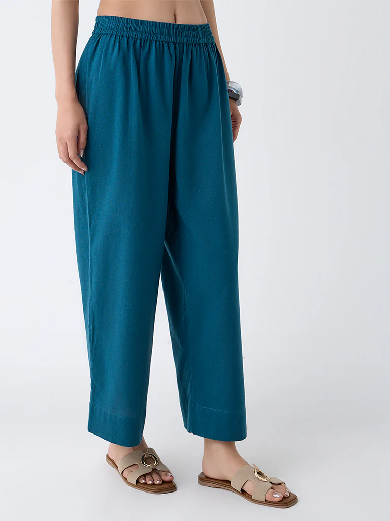 Utsa Teal Cotton-Blend Ethnic Pants