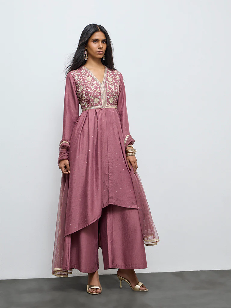 Vark Dusty Mauve Floral Embroidered High-Low Ethnic Set