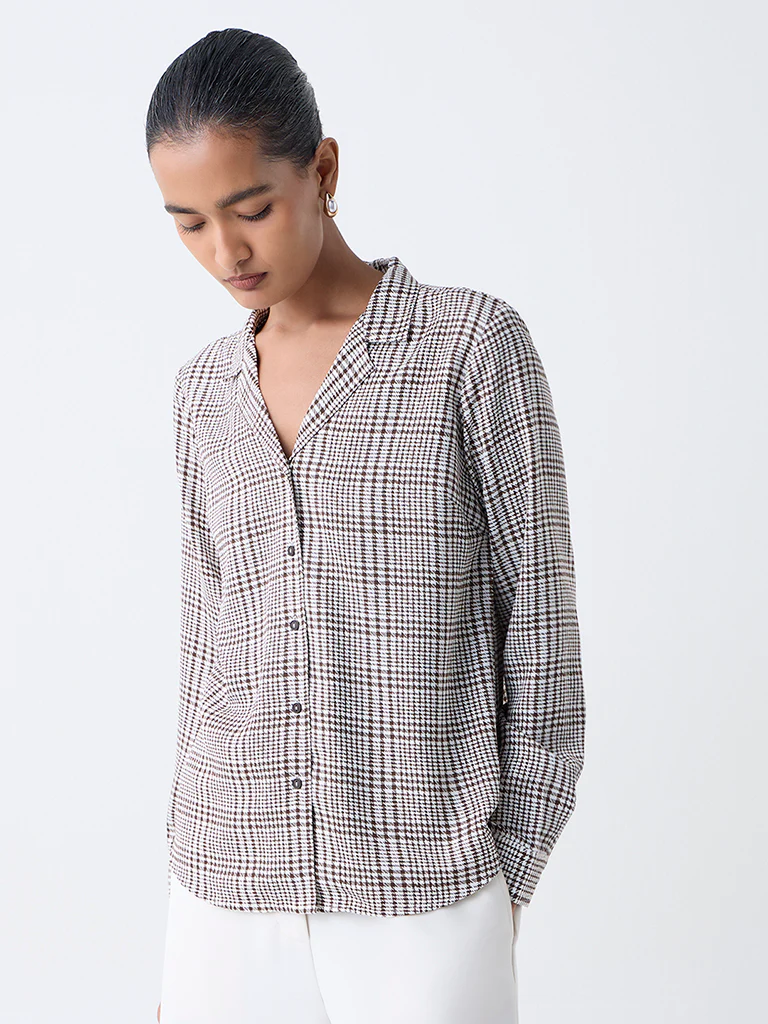 Wardrobe Brown Houndstooth Checkered Shirt