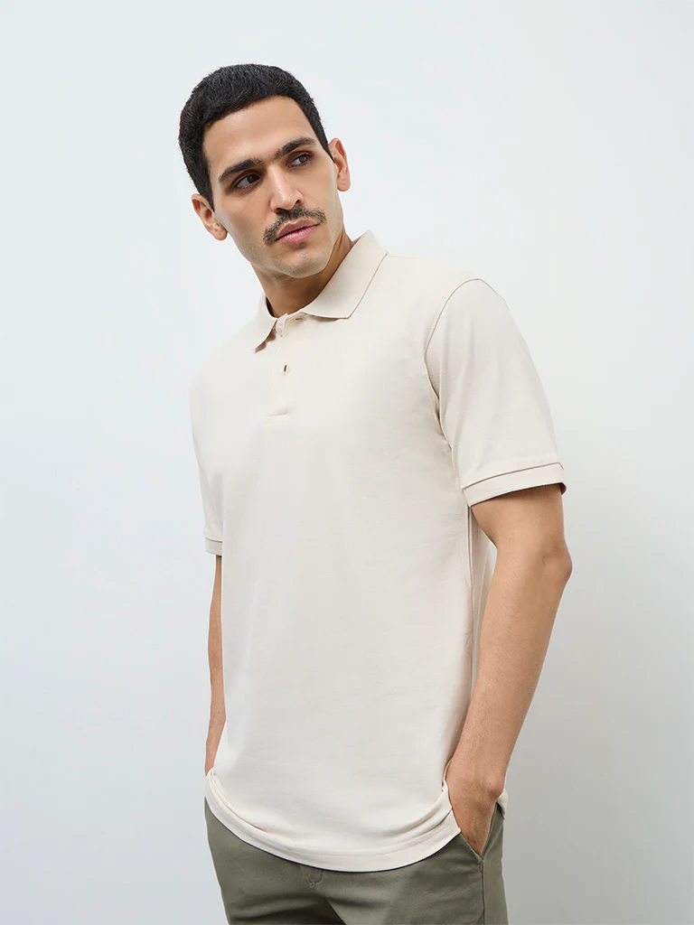 WES Casuals Beige Relaxed-Fit Cotton-Blend Polo T-Shirt