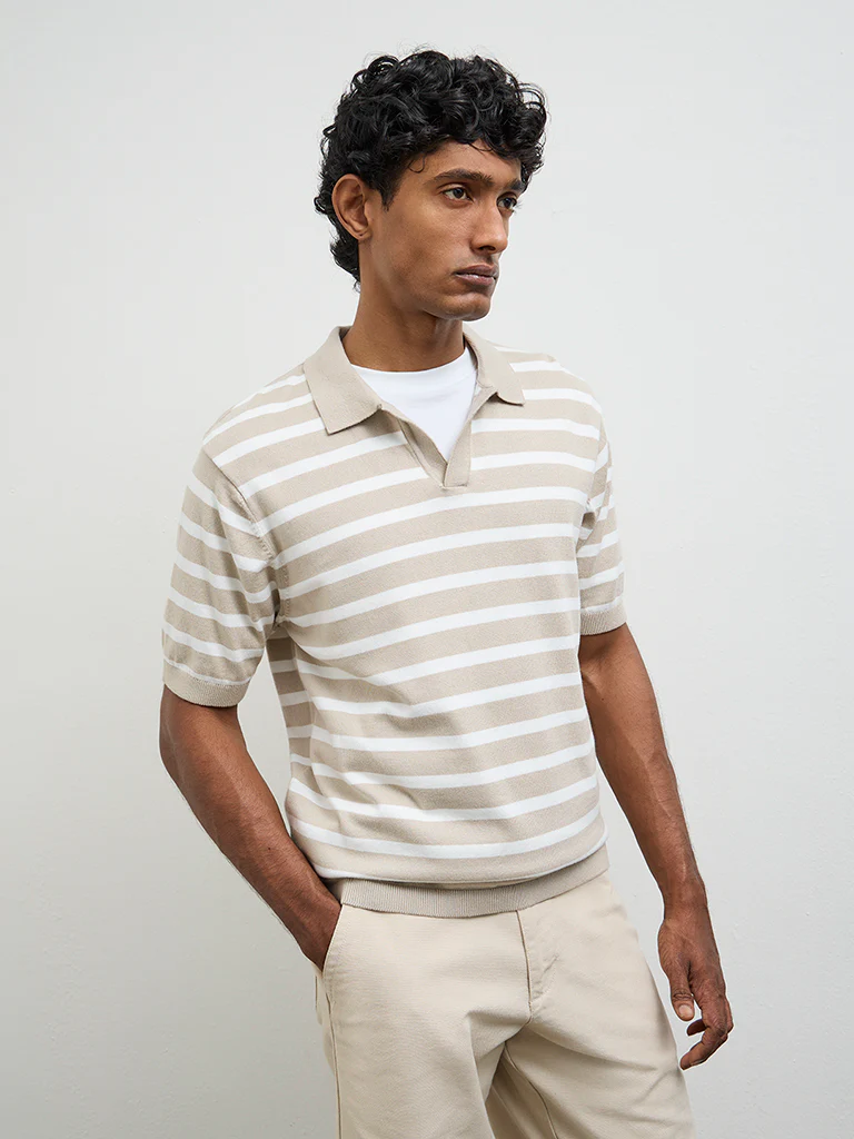 WES Casuals Beige Striped Relaxed-Fit Cotton T-Shirt
