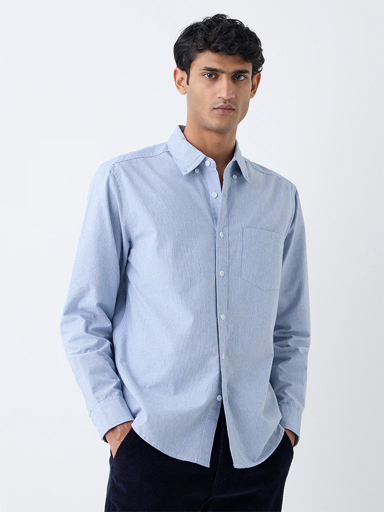 WES Casuals Blue Pinstriped Cotton Relaxed-Fit Cotton  Shirt