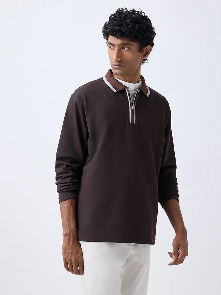 WES Casuals Brown Relaxed-Fit Quarter-Zip Cotton-Blend Sweatshirt