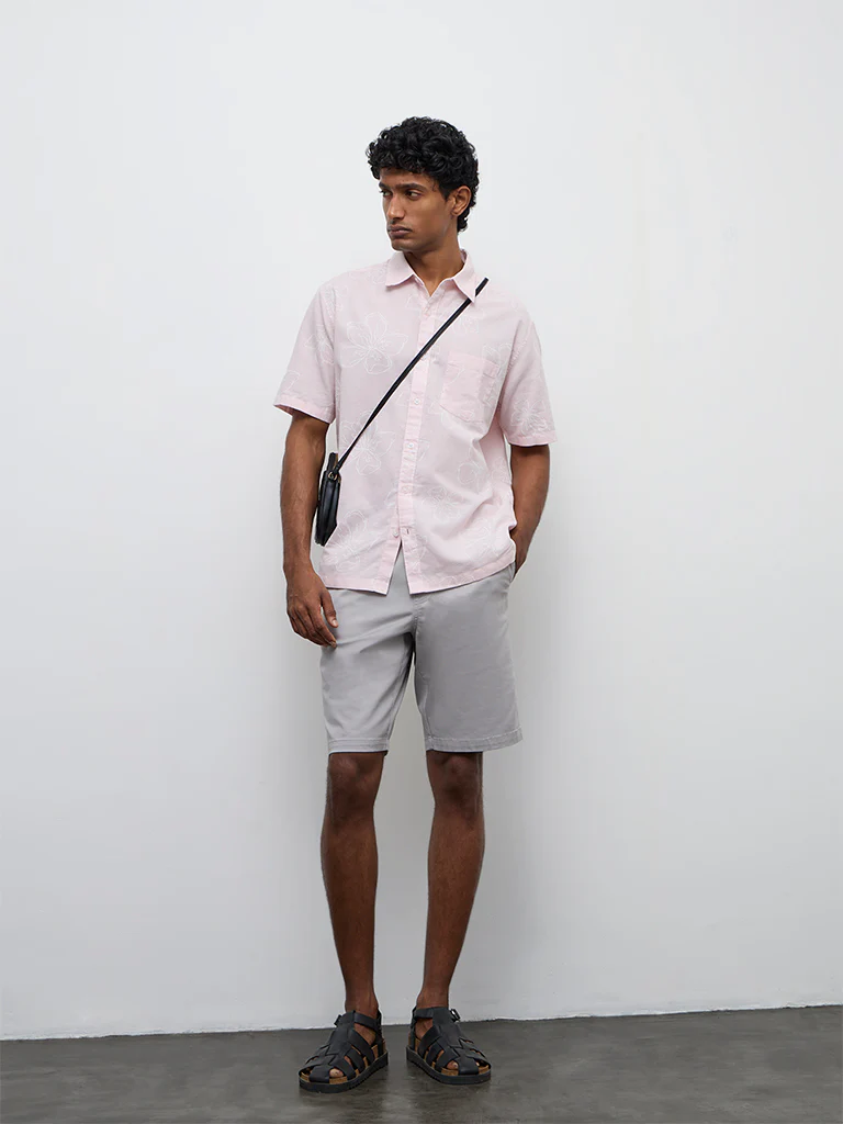 WES Casuals Grey Relaxed-Fit Mid-Rise Cotton-Blend Shorts
