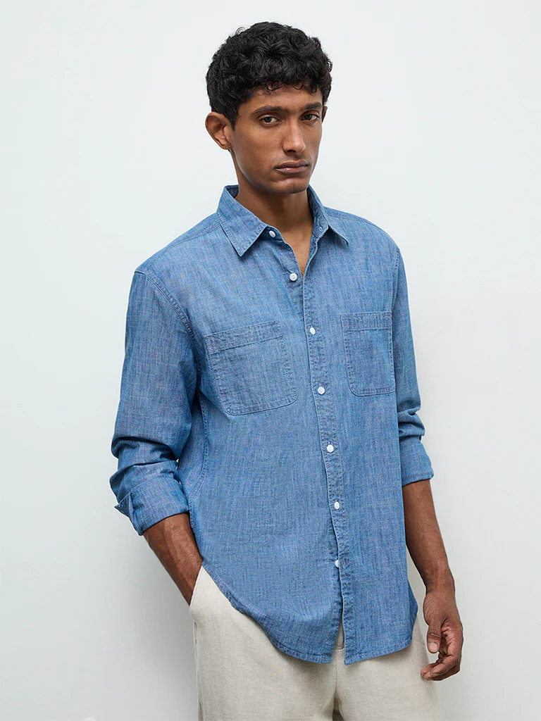 WES Casuals Light Blue Relaxed-Fit Cotton Shirt