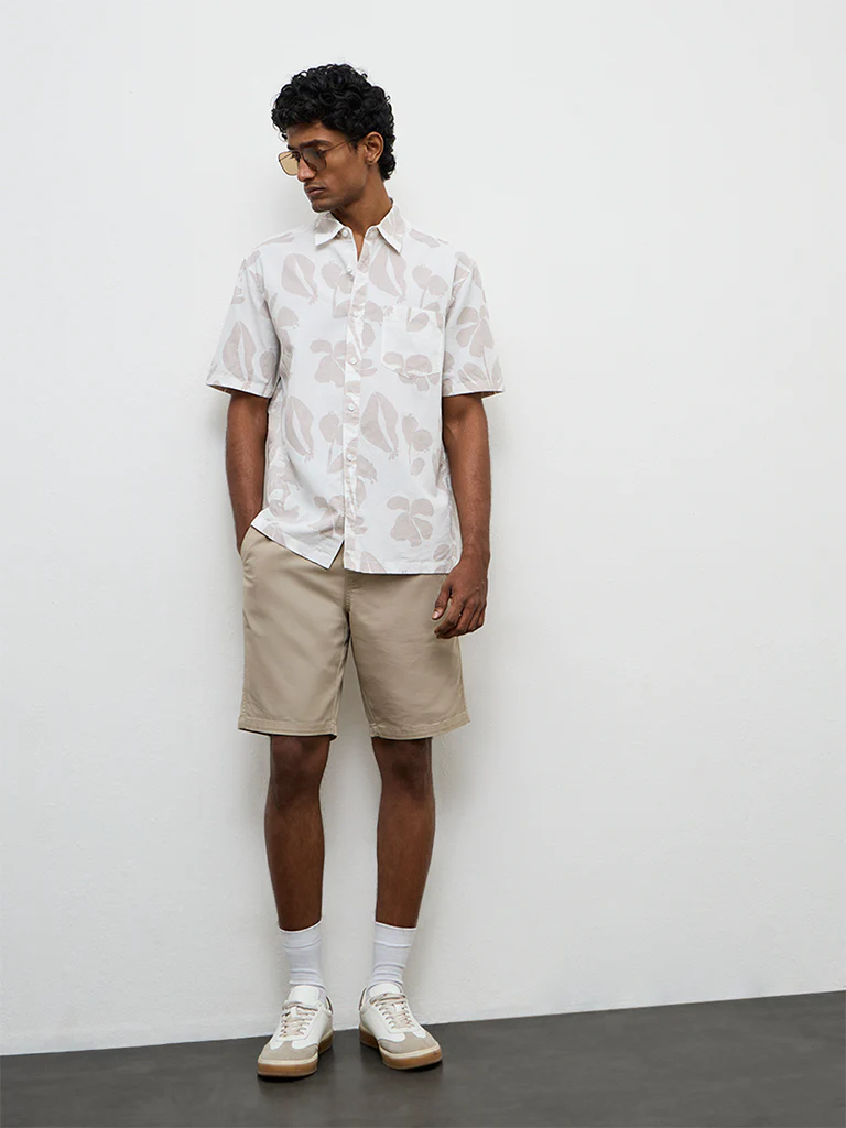 WES Casuals Taupe Botanical-Printed Cotton-Blend Relaxed-Fit Shirt