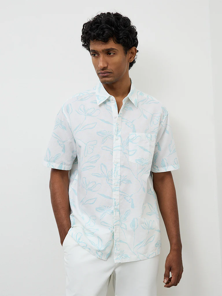 WES Casuals White Printed Relaxed-Fit Cotton-Blend Shirt