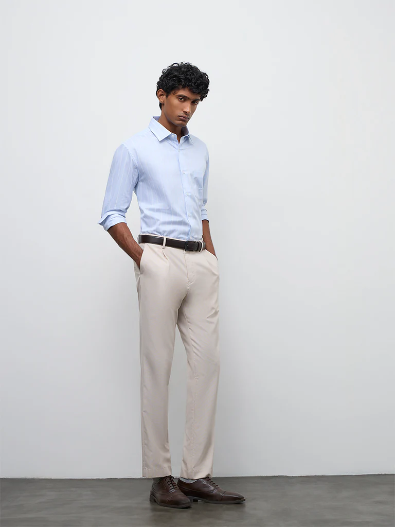 WES Formals Blue Striped Relaxed-Fit Cotton Shirt
