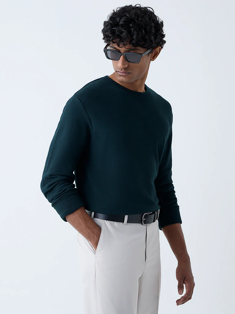 WES Formals Green Knitted Slim-Fit Sweater
