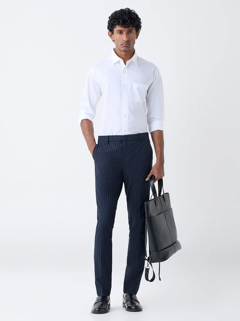 WES Formals Navy Pinstriped Slim-Fit Mid-Rise Trousers
