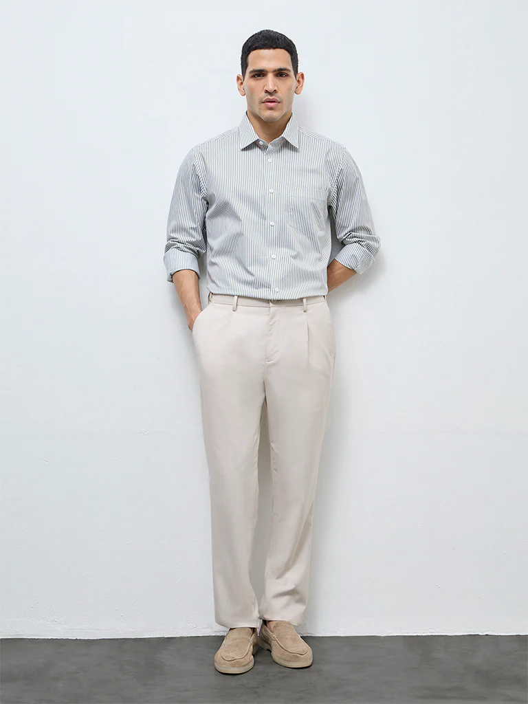 WES Formals Sage Striped Relaxed-Fit Cotton Shirt