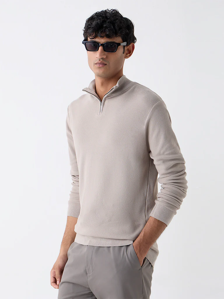 WES Formals Taupe Knitted Slim-Fit Quarter-Zip Sweater