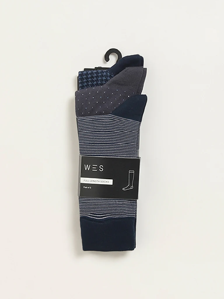 WES Lounge Multicolour Printed Cotton-Blend Full Length Socks - Pack of 3 - Image 3
