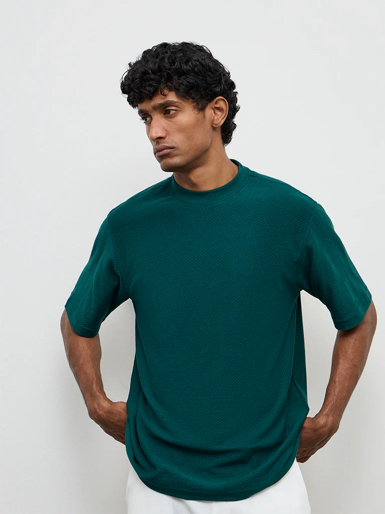 WES Lounge Teal Textured Relaxed-Fit Cotton T-Shirt