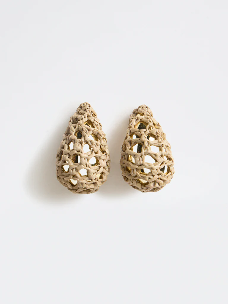 Westside Accessories Beige Teardrop Raffia Earrings