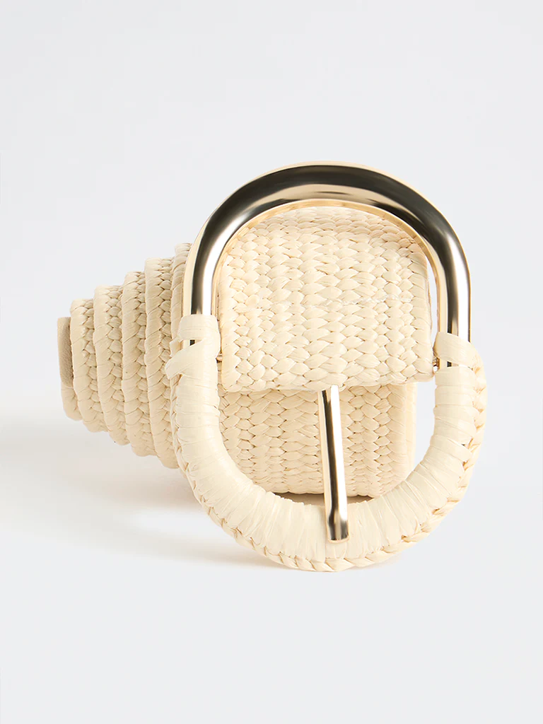 Westside Accessories Light Beige Raffia Covered Buckle Belt