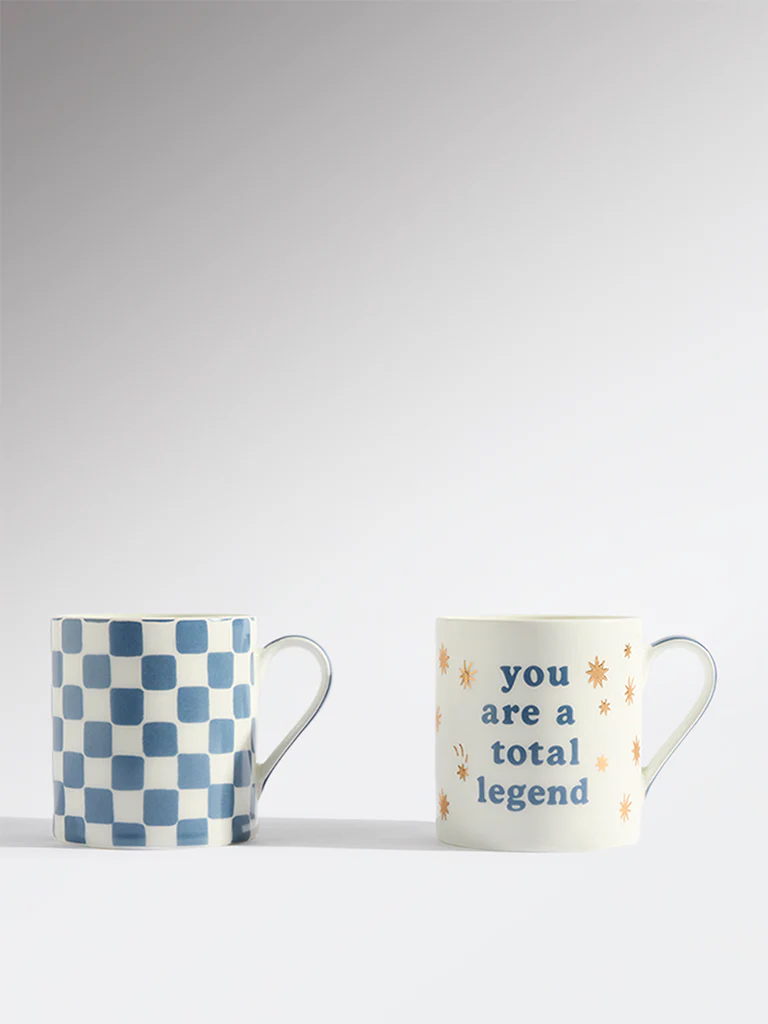 Westside Home Blue and Gold Printed Mugs (Set of 2)