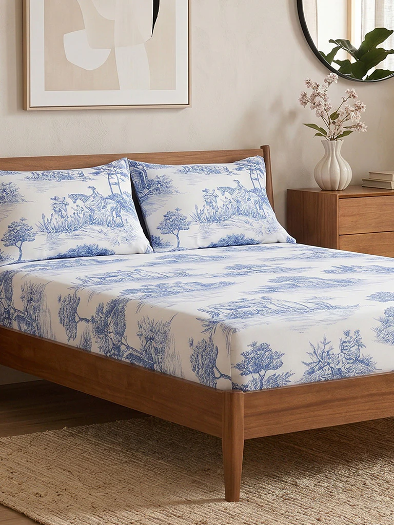 Westside Home Blue Toile Printed Queen Bed Sheet Set