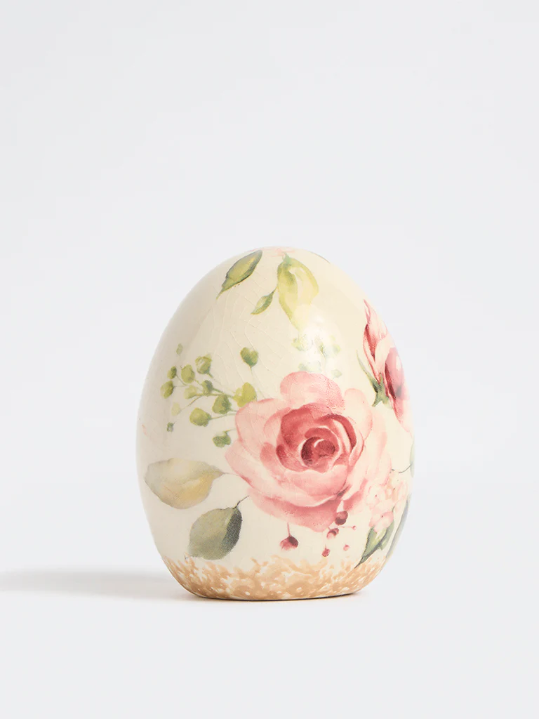 Westside Home Off-White Ceramic Floral Pattern Egg Decorative Object