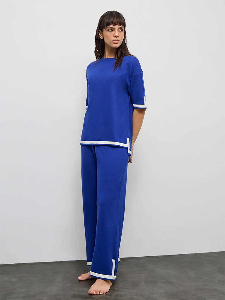 Wunderlove Blue Contrast-Detail High-Rise Pants
