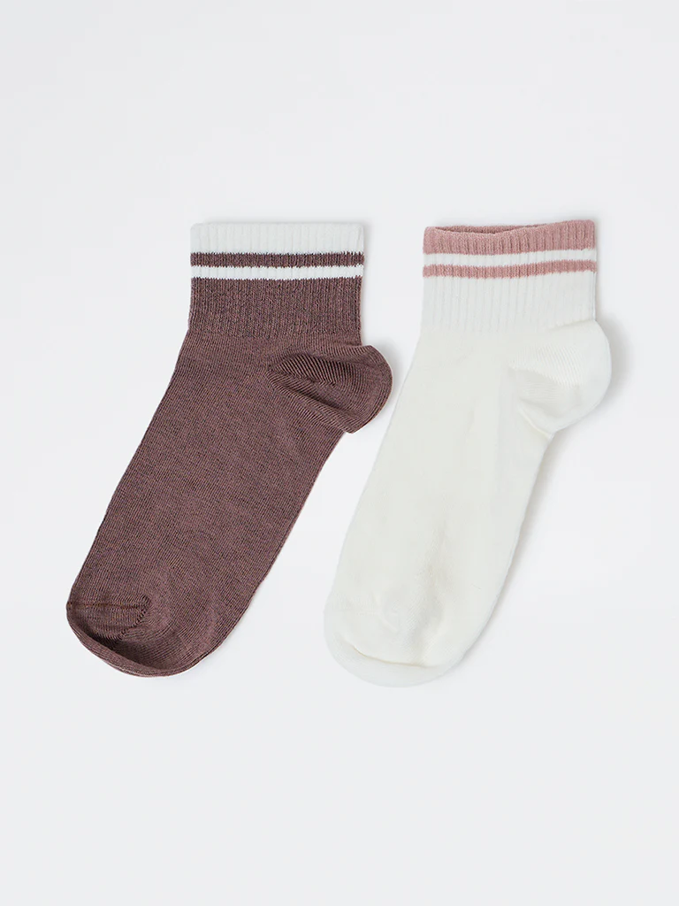 Wunderlove Brown and Ivory Cotton-Blend Ankle-Length Socks - Pack of 2