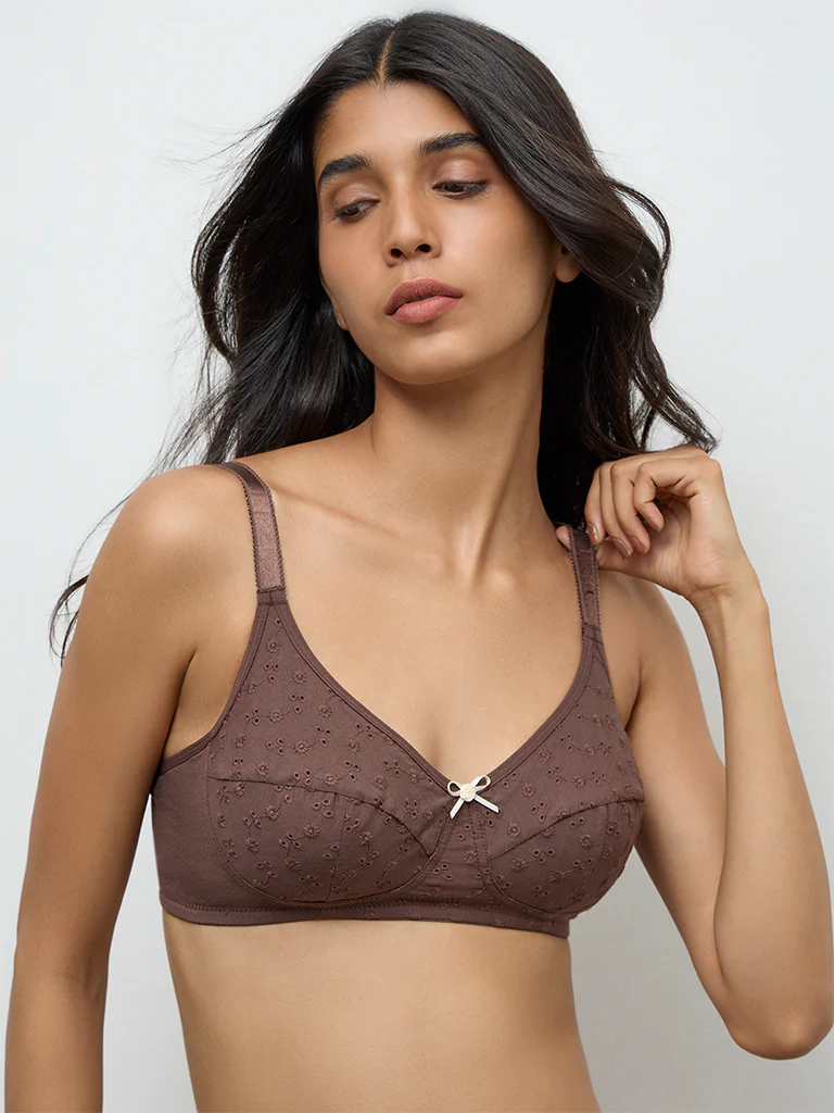 Wunderlove Brown Broderie Anglaise Non-Padded Cotton-Blend Bra