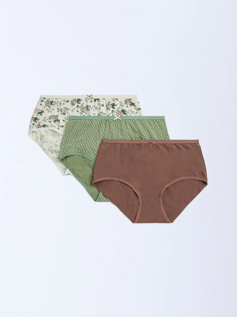 Wunderlove Green Printed Cotton-Blend Briefs - Pack of 3