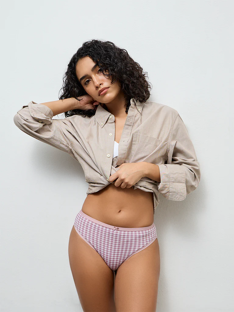 Wunderlove Mauve Checkered Printed Cotton-Blend Hi-Leg Briefs - Pack of 3