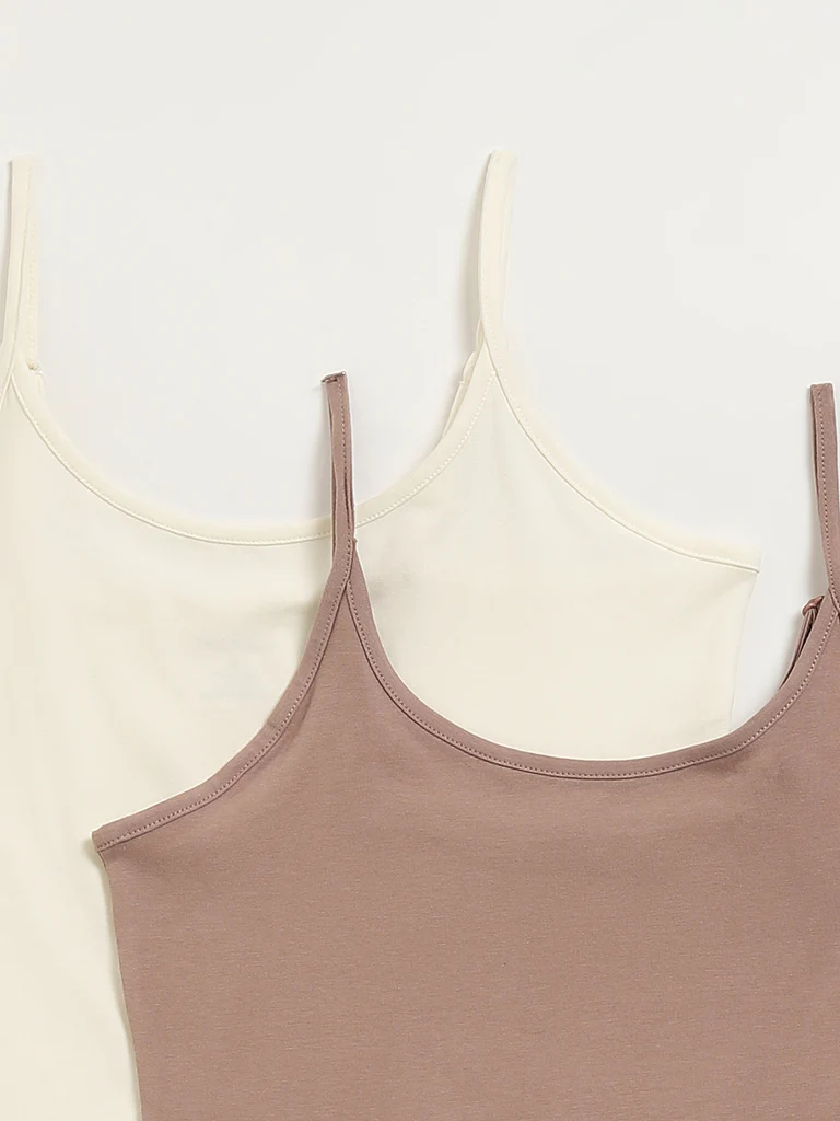 Wunderlove Off-White Cotton-Blend Camisoles - Pack of 2 - Image 6