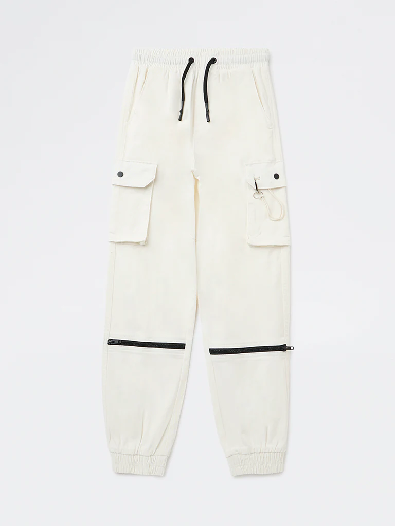 Y&F Kids Boys Off-White Mid-Rise Cotton-Blend Joggers