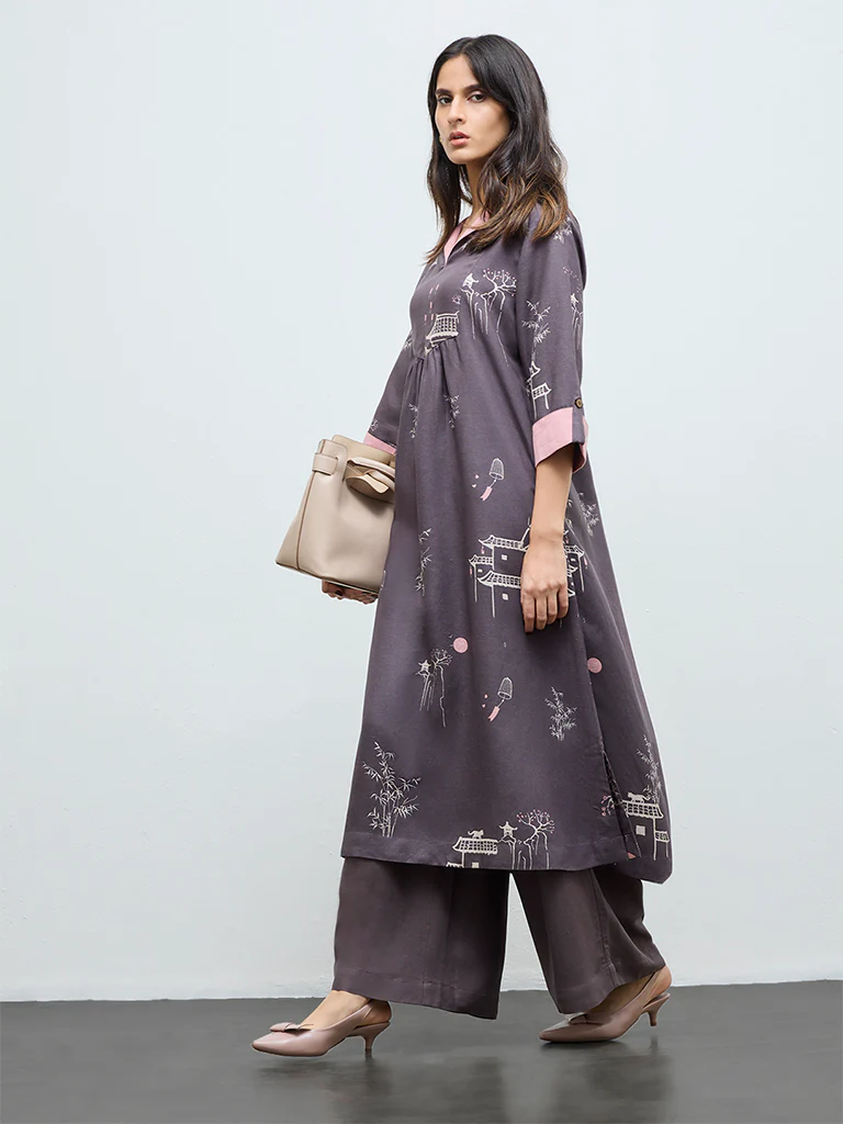 Zuba Charcoal Printed A-Line Kurta
