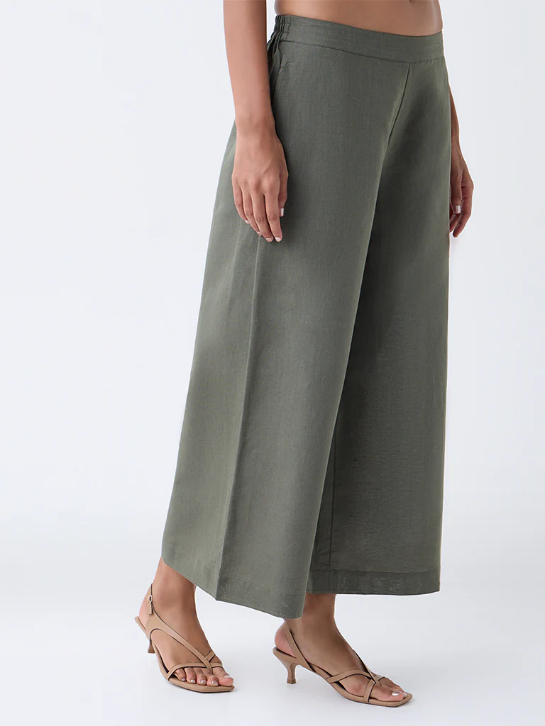 Zuba Olive Solid Linen-Blend Ethnic Pants